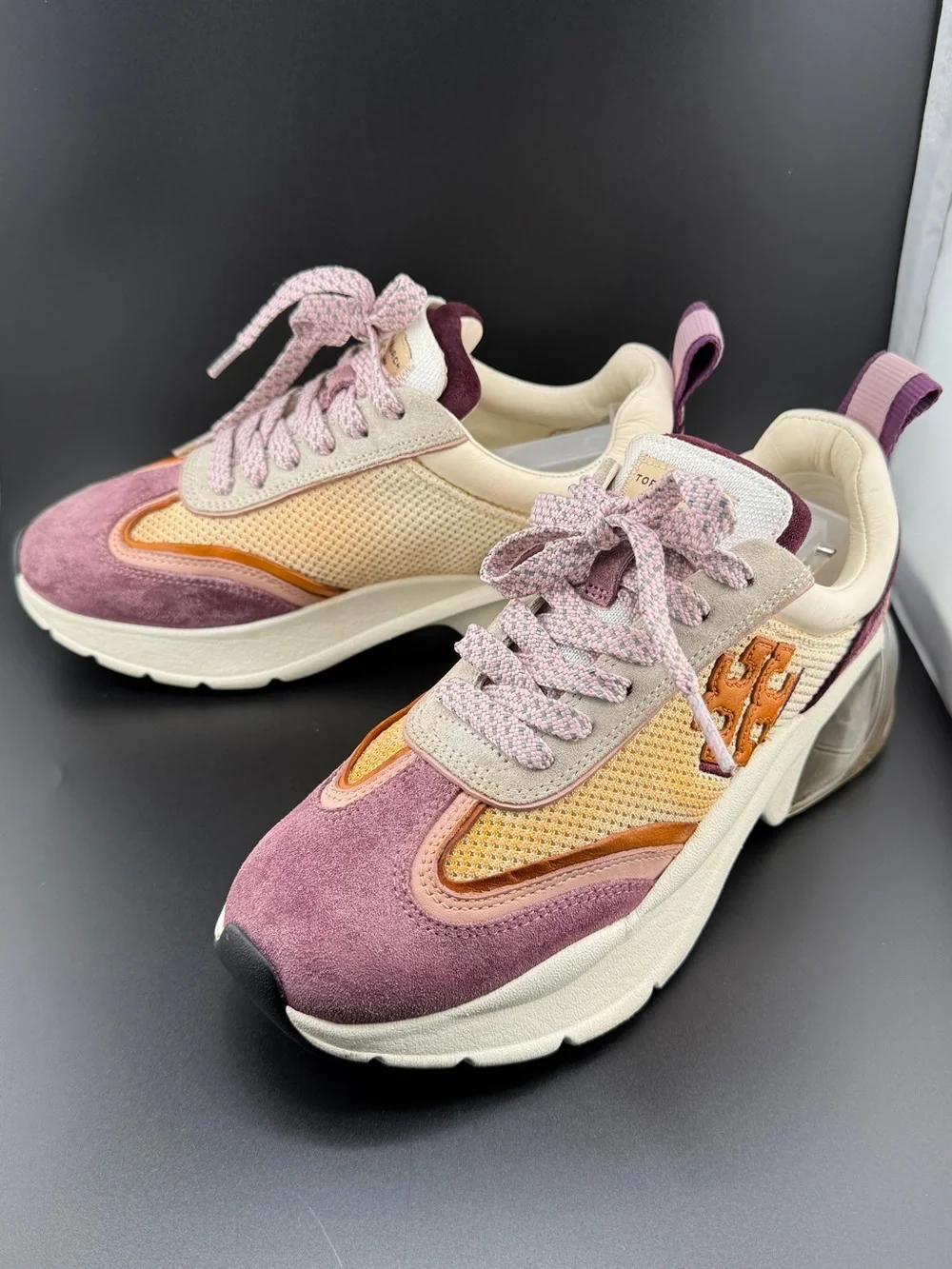 Tory Burch Good Luck Bubble Trainer Suede Sneakers Cream Arancio Purple Size 6